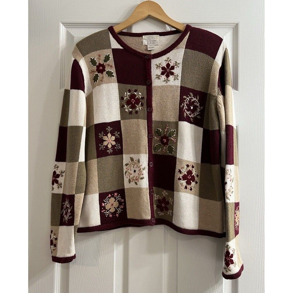 VTG Christopher Banks Fall Leaves Cardigan Sweater Womens Sz L Grannycore Y2K